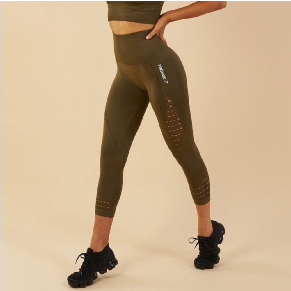 Gymshark Energy Seamless Crop Leggings High-Waisted Olive Green Eyelet Cutout
